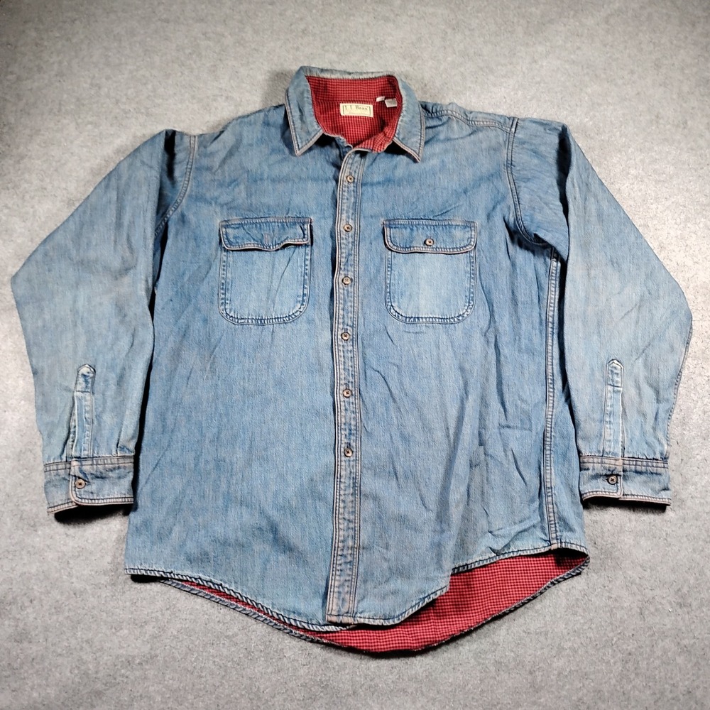 LL Bean Vintage USA Flannel Lined Denim Shirt Mens XL Tall Blue Light Wash